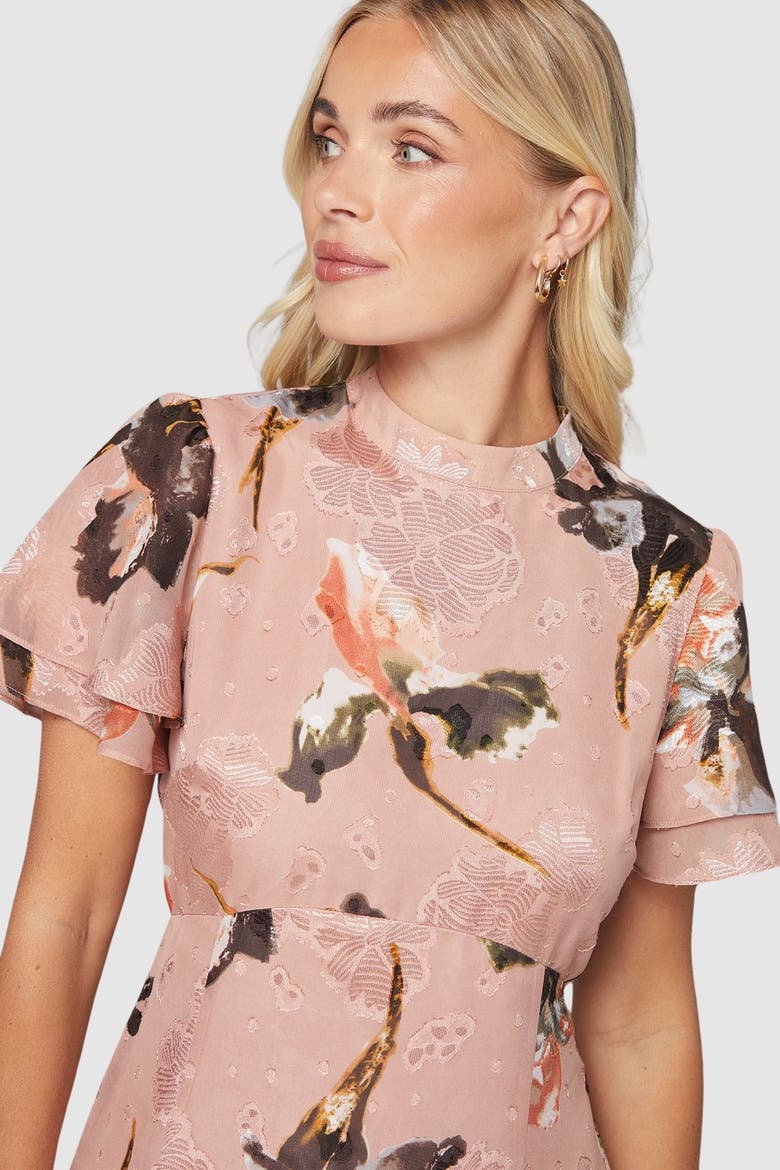 Petite Floral Burn Out Ruffle Midi Dress, Alternate, color, Blush