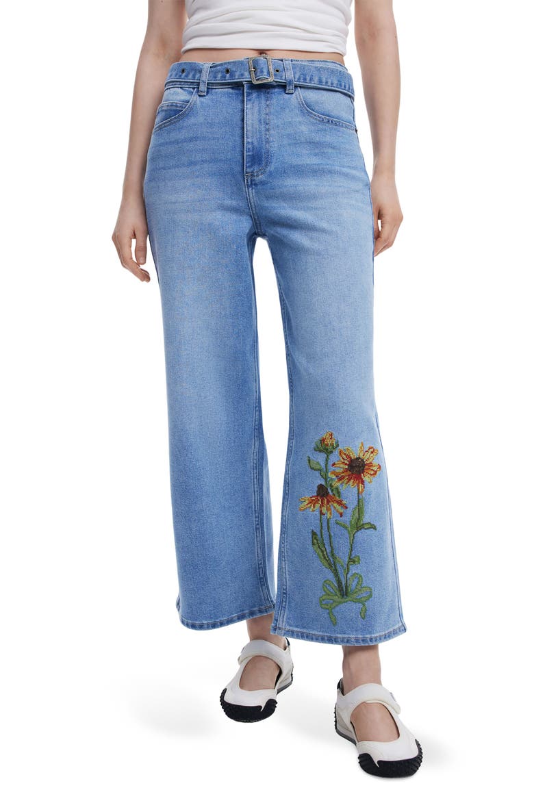 Floral Embroidered Belted Crop Wide Leg Jeans, Main, color, MEDIUM BLUE