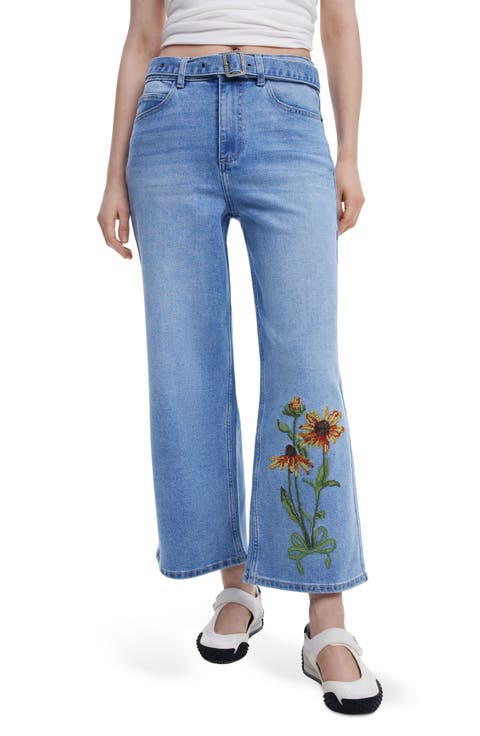 Floral Embroidered Belted Crop Wide Leg Jeans