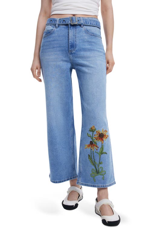 Desigual Floral Embroidered Belted Crop Wide Leg Jeans In Blue