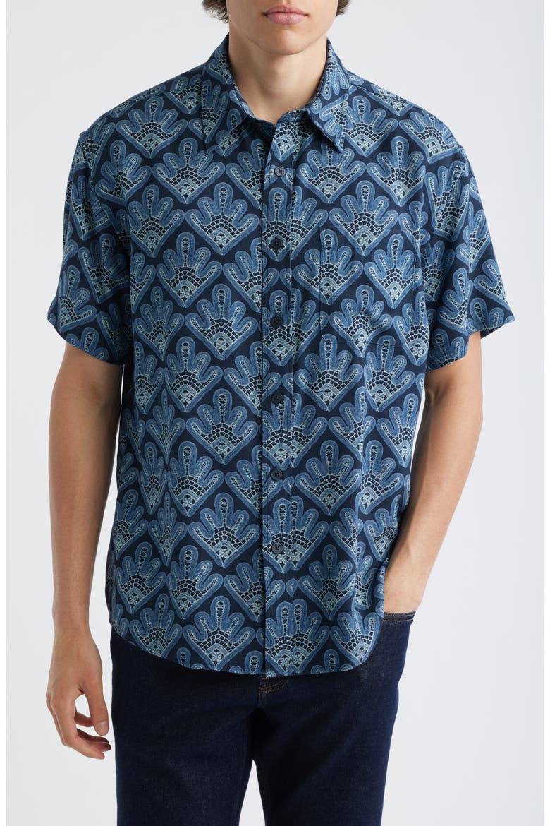 Deon 50055 Abstract Print Short Sleeve Button-Up Shirt, Main, color, NAVY BLUE