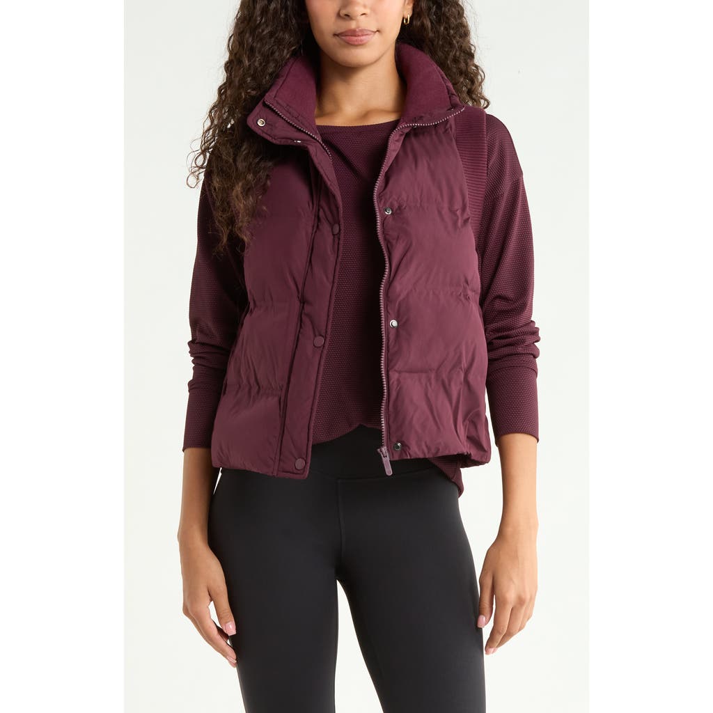 Zella Rib Trim Puffer Vest In Burgundy Stem