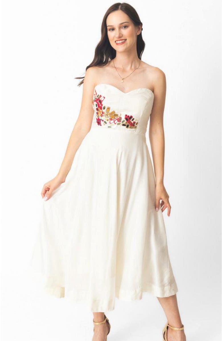 RAAS Mona Embroidered Strapless Midi Dress, Main, color, Off-White