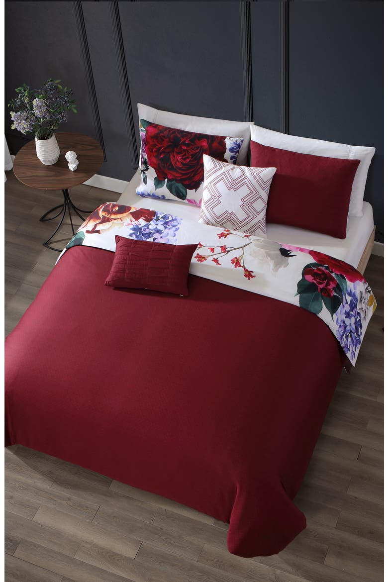 Magenta Floral Print 5-Piece Cotton Reversible Comforter Set, Alternate, color, RED