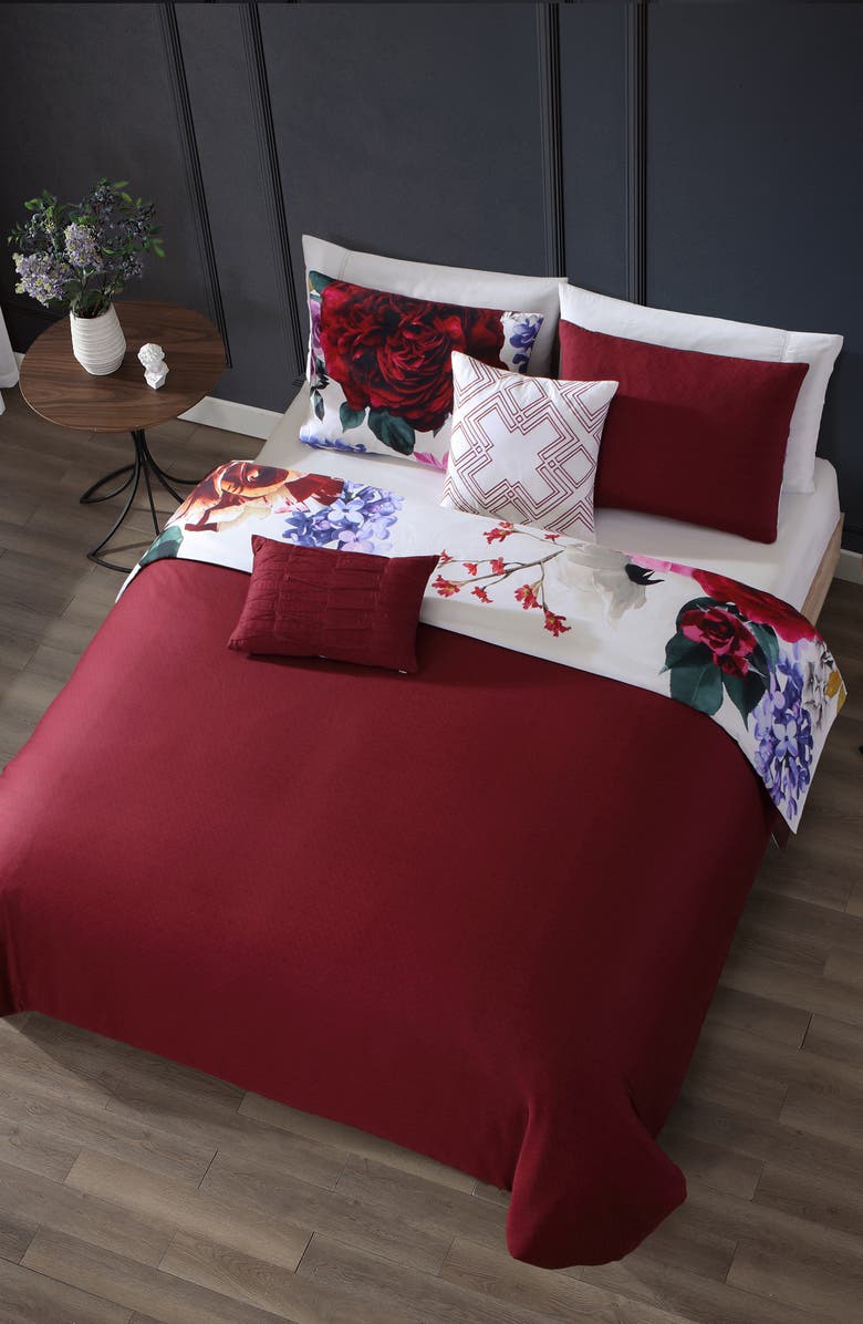 Bebejan Magenta Floral Print 5-Piece Cotton Reversible Comforter Set, Alternate, color, Red