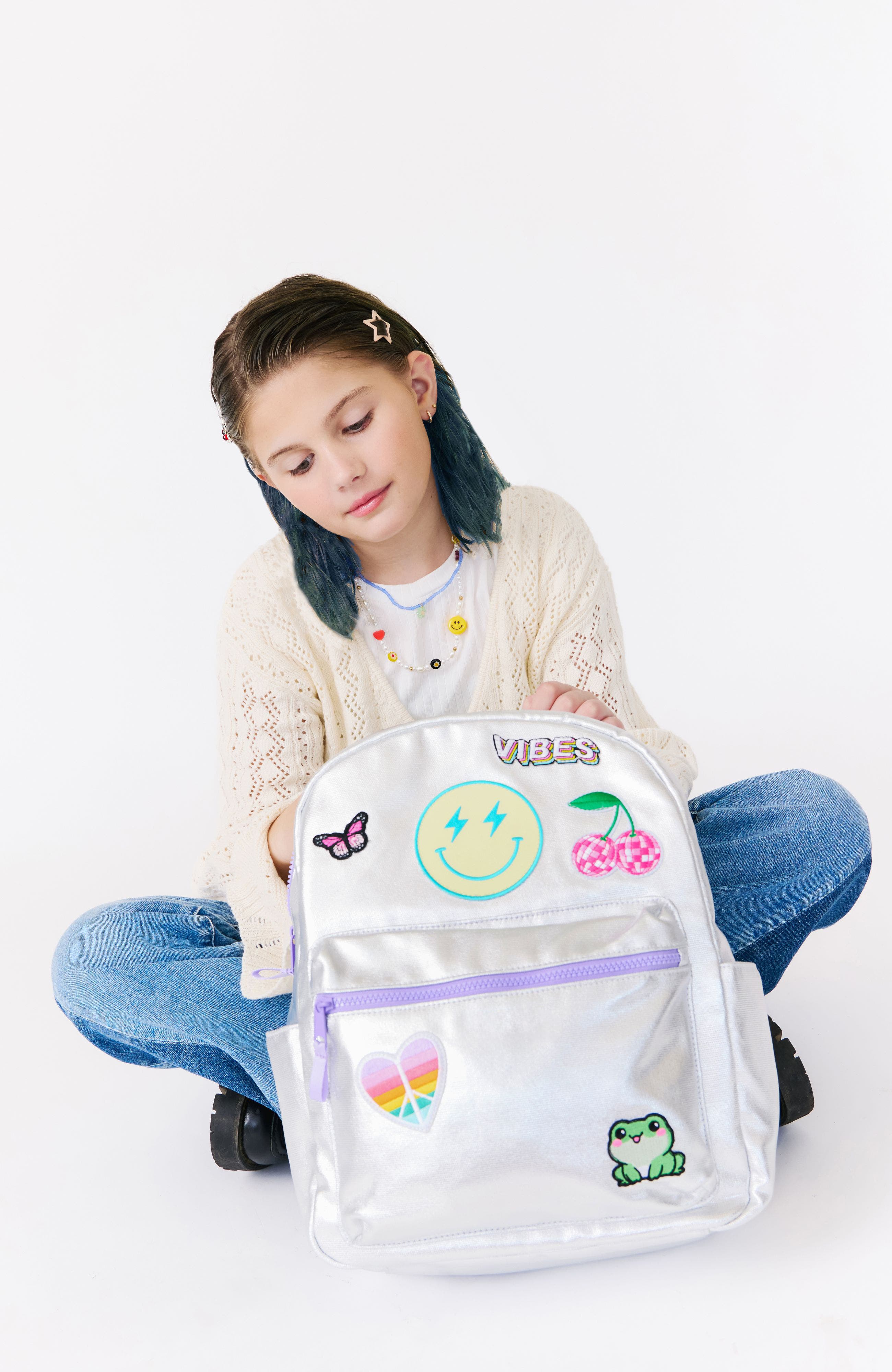 Kids' Metallic Canvas Patch Backpack, Alternate, color, Metallic Multi