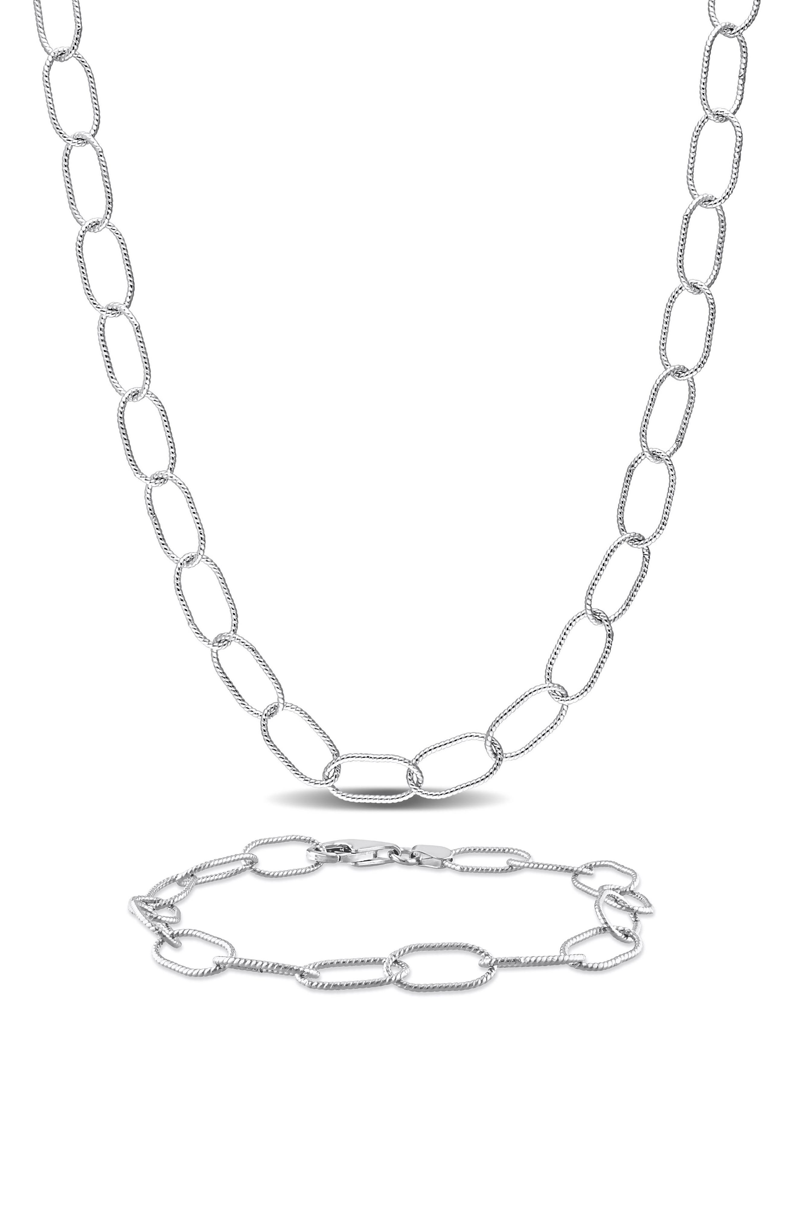 DELMAR Sterling Silver Twisted Oval Chain Necklace & Bracelet Set