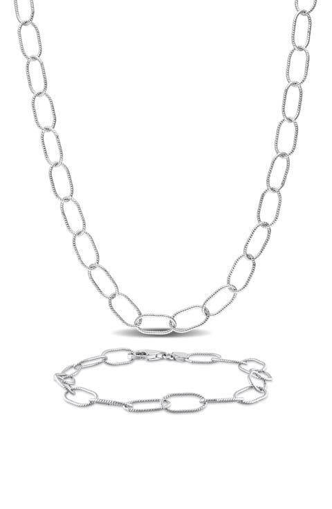 Sterling Silver Twisted Oval Chain Necklace & Bracelet Set