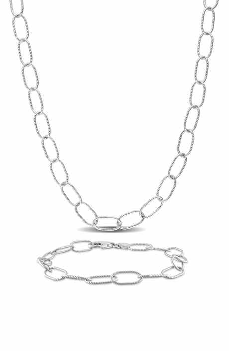 DELMAR Sterling Silver Twisted Oval Chain Necklace & Bracelet Set
