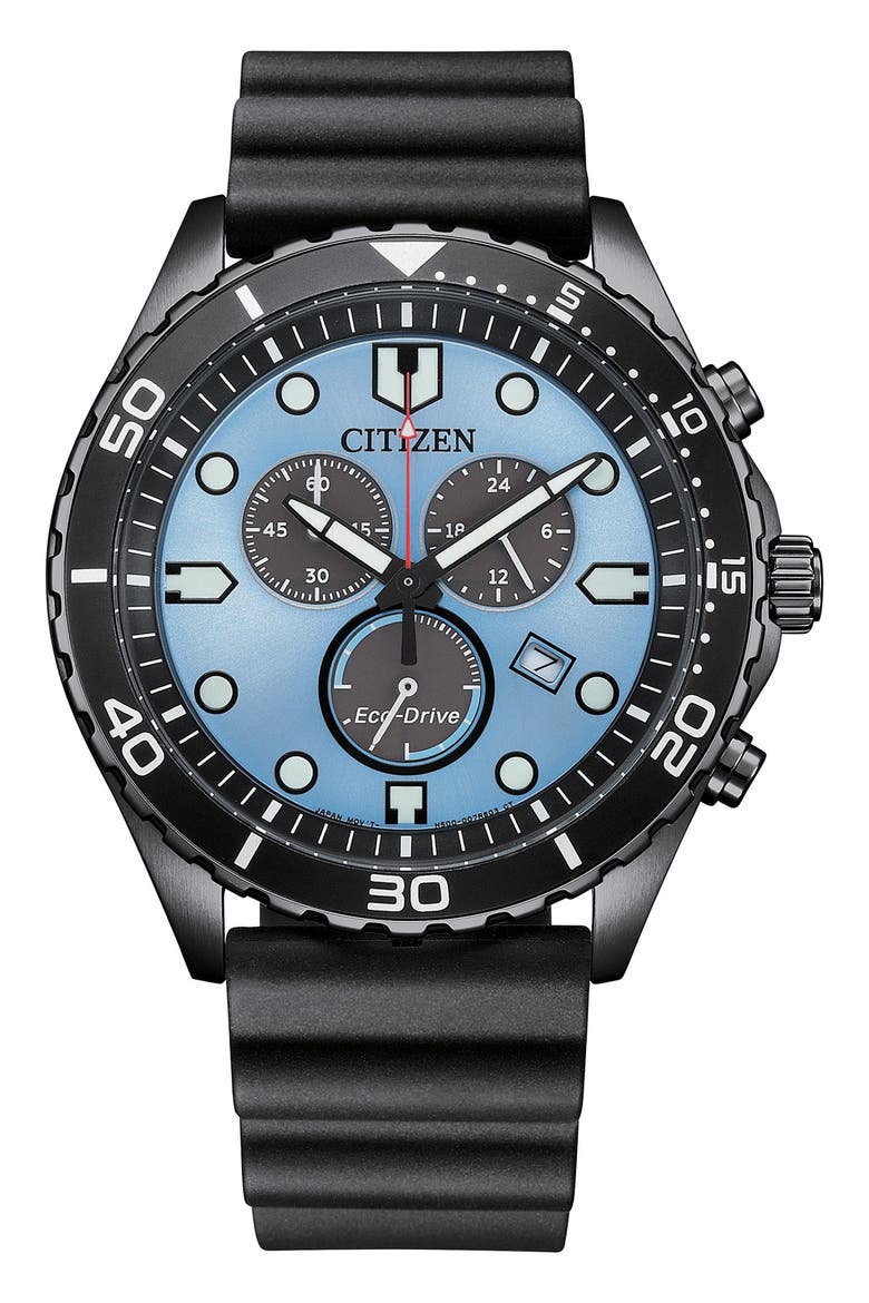 Sporty Aqua Eco-Drive Rubber Strap Chronograph Watch, 43mm, Main, color, BLACK