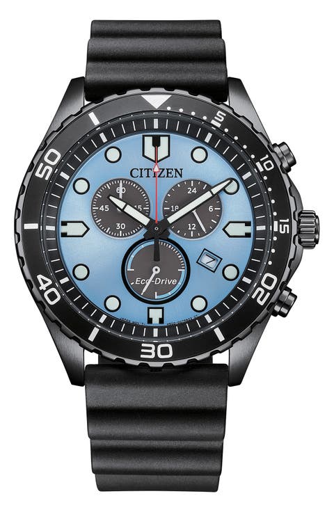 Sporty Aqua Eco-Drive Rubber Strap Chronograph Watch, 43mm