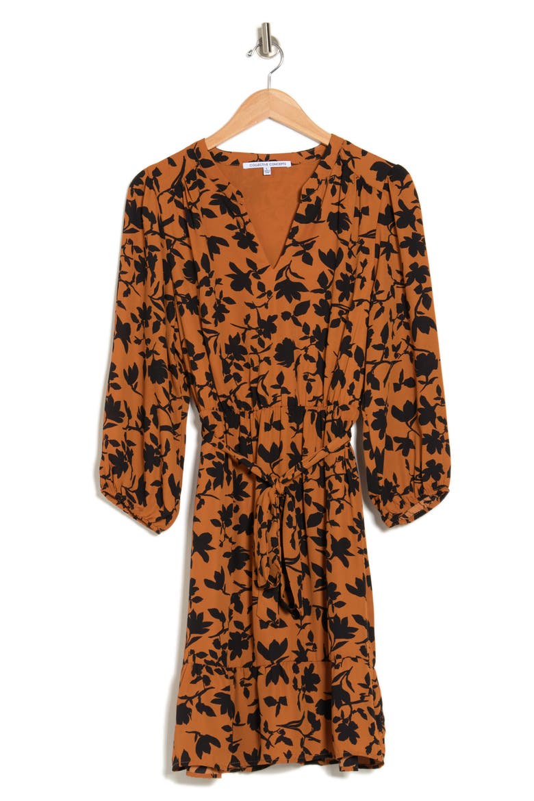 Floral Print Belted Long Sleeve Dress, Alternate, color, BROWN