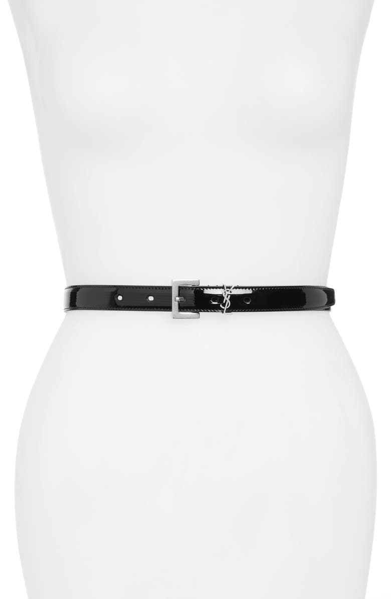 Saint Laurent Monogram Skinny Patent Leather Belt, Main, color,