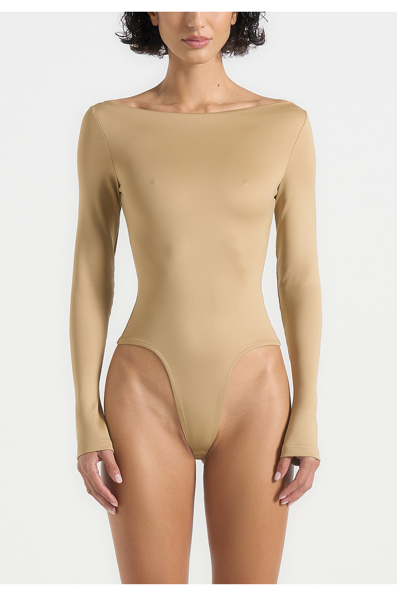 Eva Fitted Boat Neck Bodysuit, Alternate, color, Beige