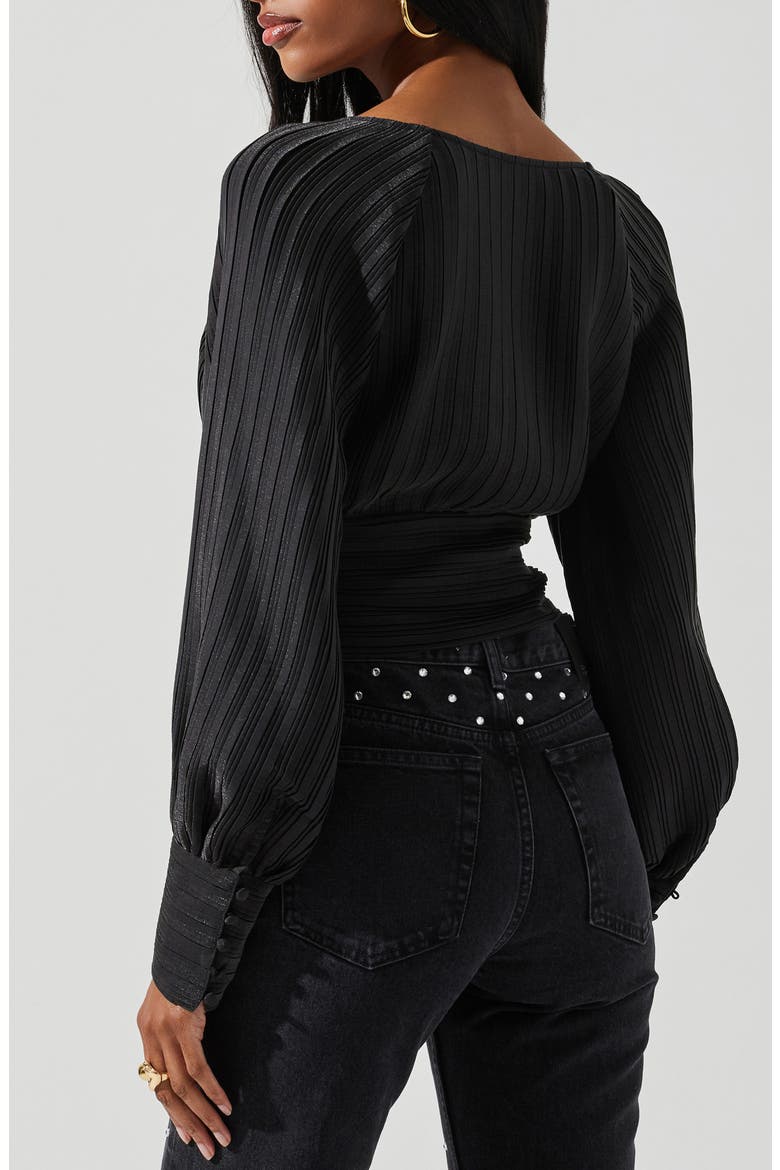 Pernilla Long Sleeve Pleated Crop Top, Alternate, color, BLACK