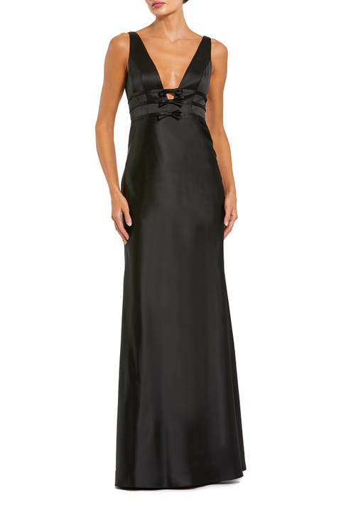 Sleeveless V Neck Satin Gown With Bow Details