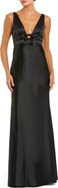 Mac Duggal Sleeveless V Neck Satin Gown With Bow Details