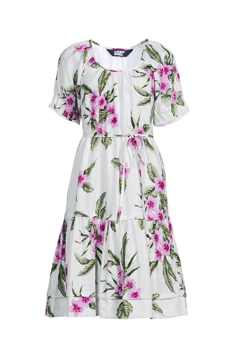 Lands' End Puff Sleeve Pleated Linen Knee Length Dress, Alternate, color, 