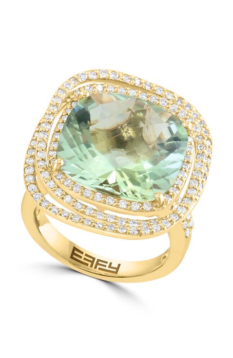 14K Yellow Gold Diamond & Green Amethyst Halo Cocktail Ring