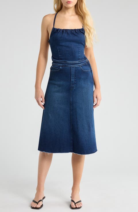 The Back Raw Hem Denim Midi Dress