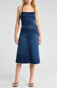 MOTHER The Back Raw Hem Denim Midi Dress