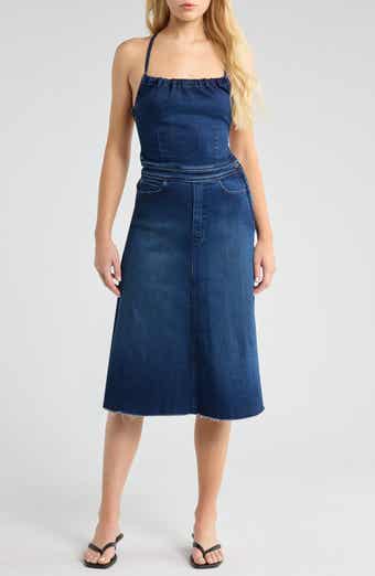 MOTHER The Back Raw Hem Denim Midi Dress