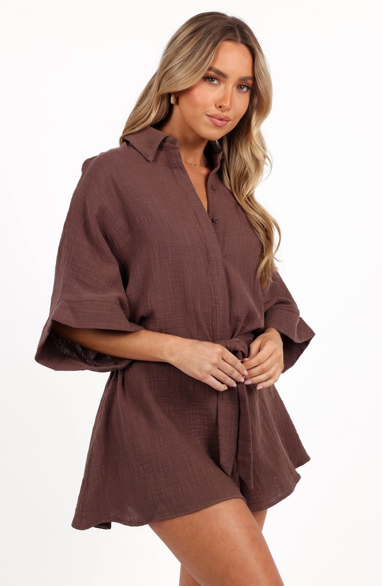 Petal 
Pup Jemmy Tie Waist Cotton Gauze Romper, Alternate, color, Chocolate Brown