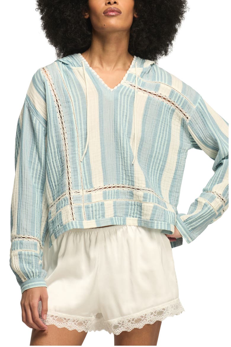 Stripe Lace Inset Guaze Hoodie, Main, color, BLUE STRIPE