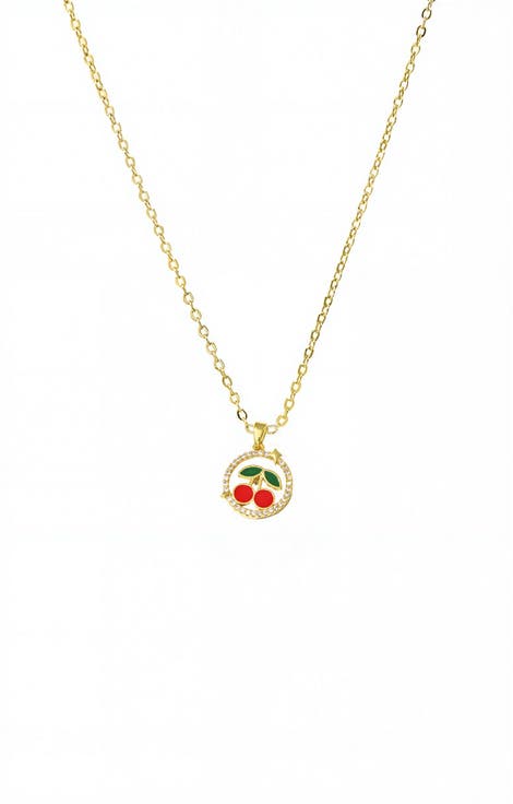 Red & Green Enamel Cherry Cutout Disc Necklace