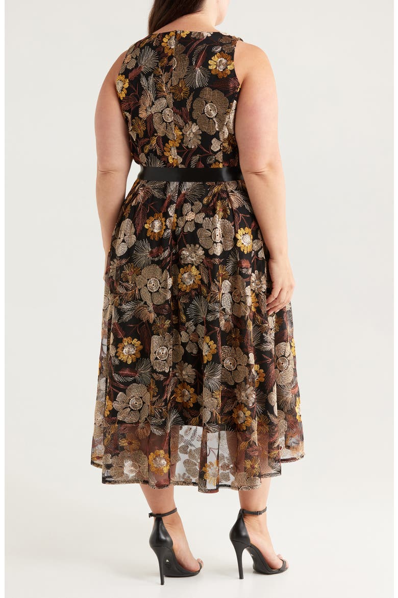 Embroidered Tie Waist Midi Dress, Alternate, color, BROWN GOLD