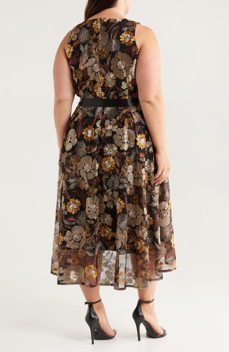 Tahari ASL Embroidered Tie Waist Midi Dress, Alternate, color, Brown Gold