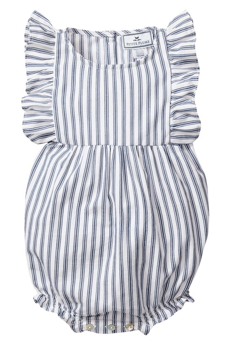 French Ticking Ruffled Romper, Main, color, NAVY