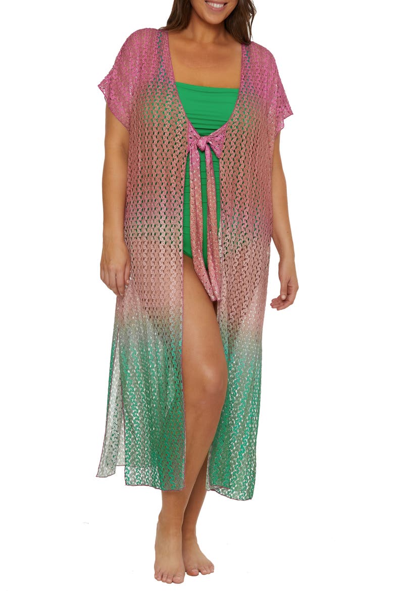Sunset Metallic Ombré Cover-Up Robe, Main, color, AZALEA/ EMERALD