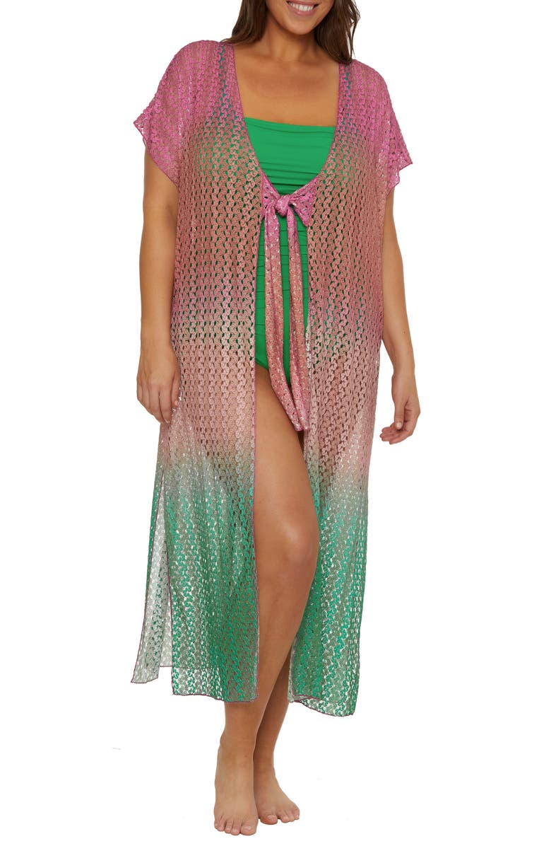 Becca Etc. Sunset Metallic Ombré Cover-Up Robe, Main, color, Azalea/ Emerald