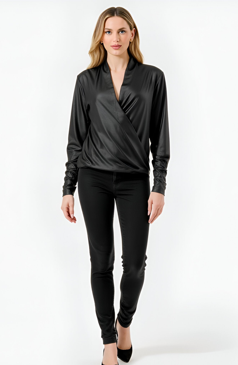 Modenaire Draped Satin Long-Sleeve Surplice Deep V-Neckline Blouse, Alternate, color, 