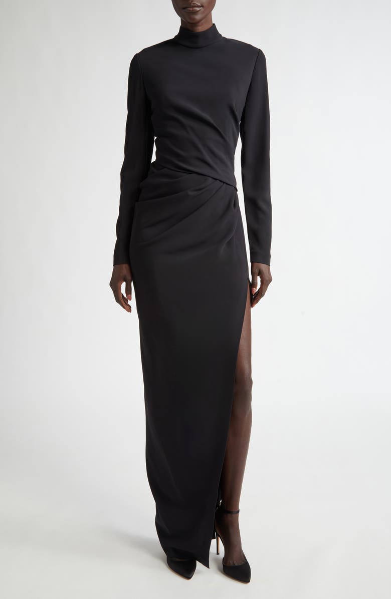Oscar de la Renta High Slit Long Sleeve Cady Gown, Main, color, Black