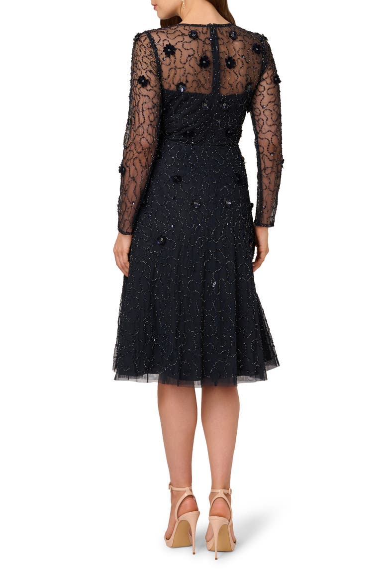 3D Floral Beaded Long Sleeve Illusion Cocktail Dress, Alternate, color, MIDNIGHT