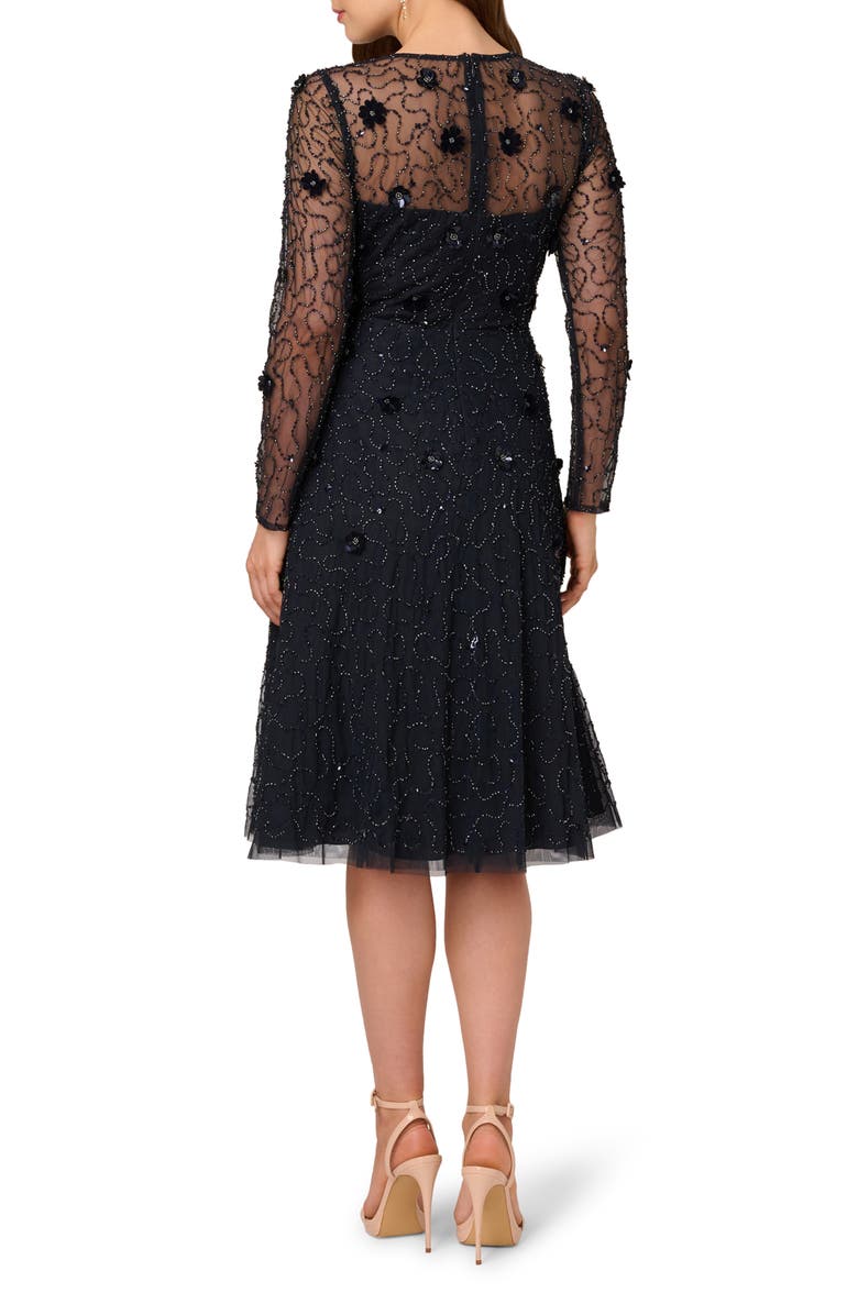 Adrianna Papell 3D Floral Beaded Long Sleeve Illusion Cocktail Dress, Alternate, color, Midnight