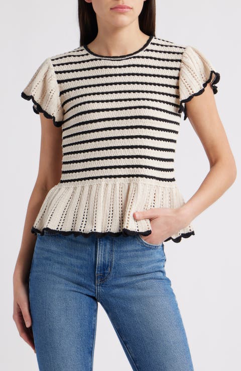 Stripe Flutter Sleeve Cotton Peplum Sweater
