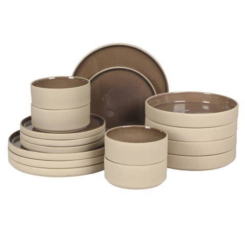Liberty Bay 16-Piece Stoneware Stackable Plates and Double Bowl Dinnerware Set