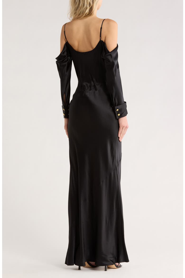Melly Cold Shoulder Long Sleeve Silk Dress, Alternate, color, BLACK