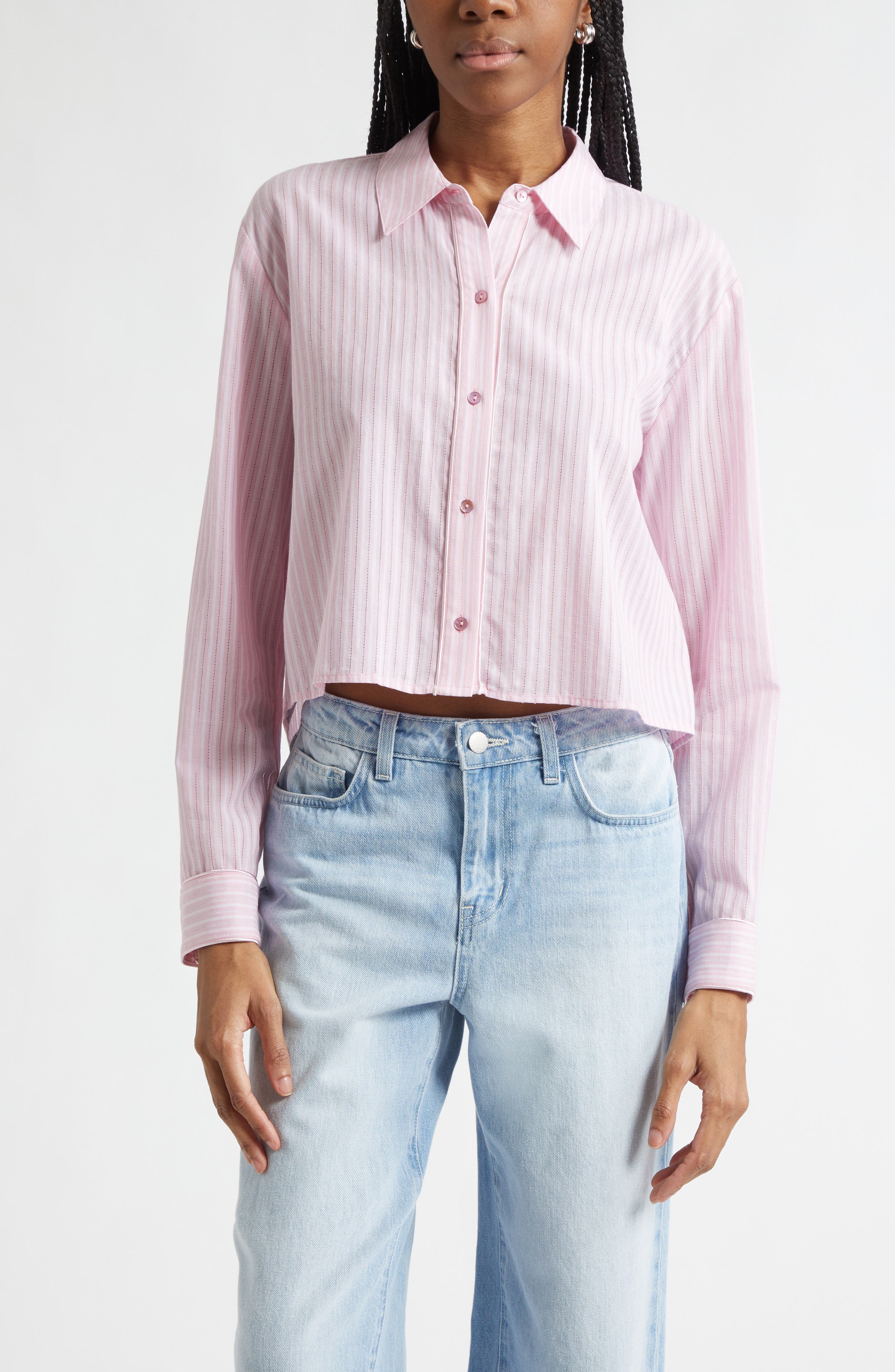 Cosette Stripe High-Low Cotton Crop Button -Up Shirt