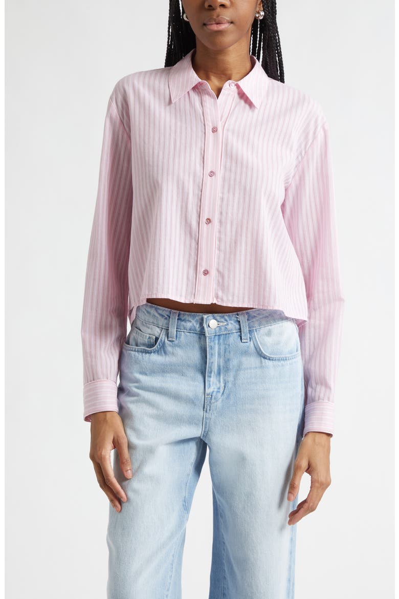 Cosette Stripe High-Low Cotton Crop Button -Up Shirt, Main, color, CAMEO PINK/ IVORY STRIPE