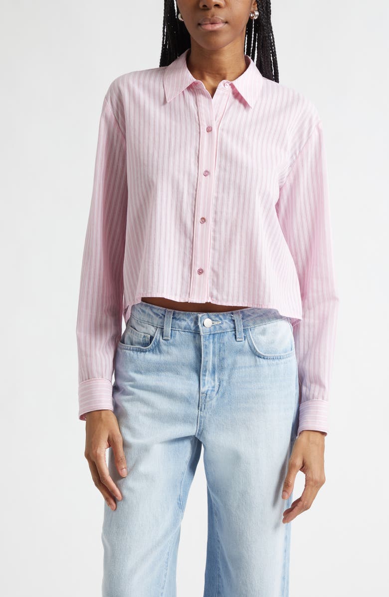 L'AGENCE Cosette Stripe High-Low Cotton Crop Button -Up Shirt, Main, color, Cameo Pink/ Ivory Stripe