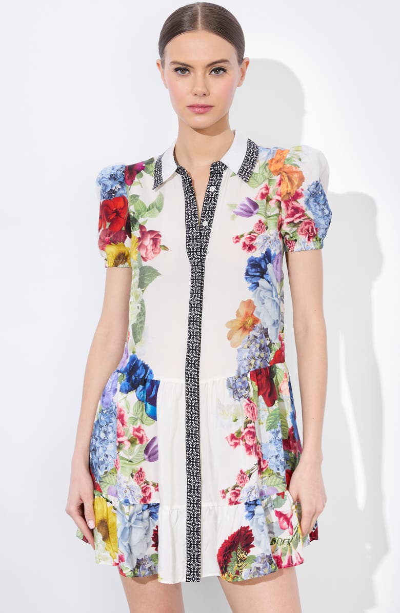 Alice + Olivia Claire Placed Floral Tiered Mini Shirtdress, Alternate, color, Garden Brunch Off White
