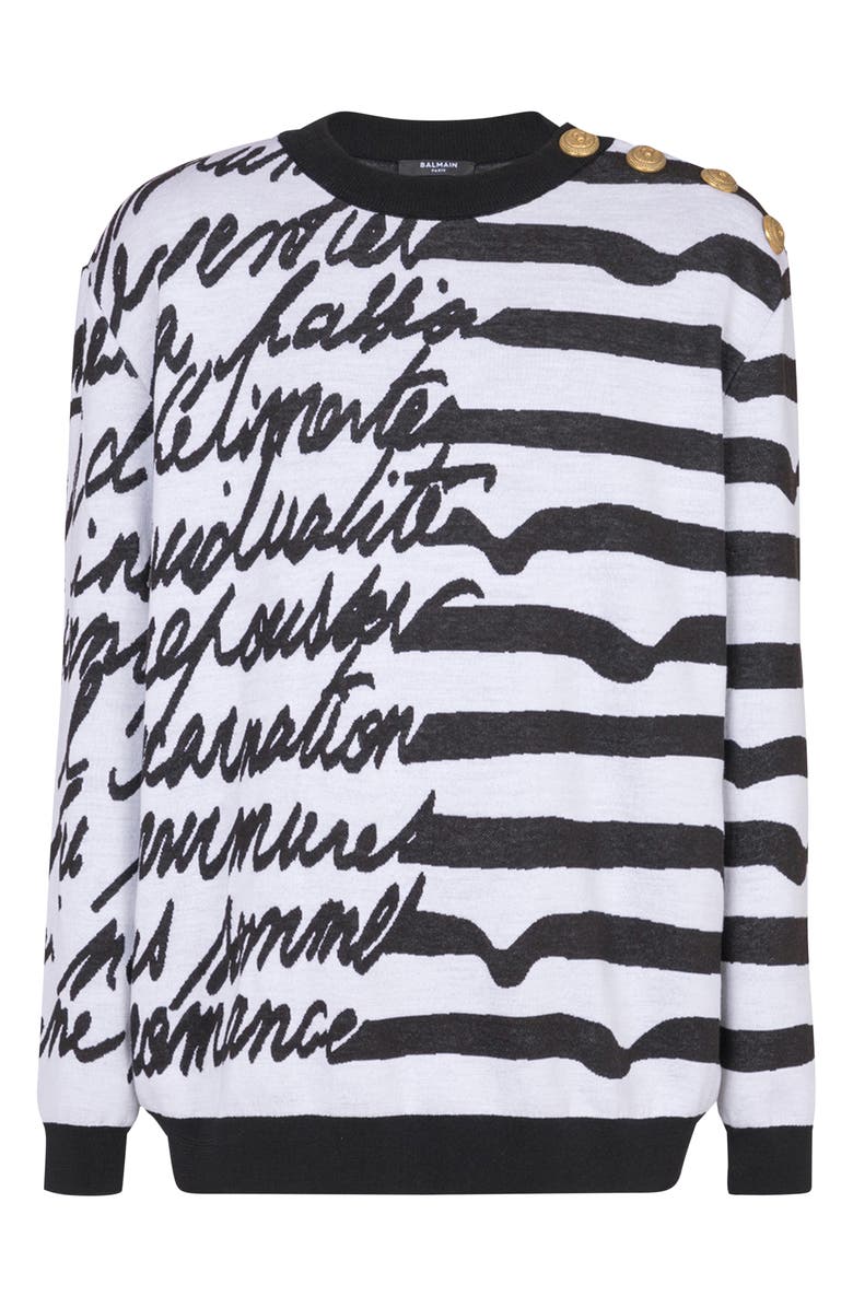 Balmain Love Letter Marinière Stripe Merino Wool Sweater, Alternate, color, White/ Black