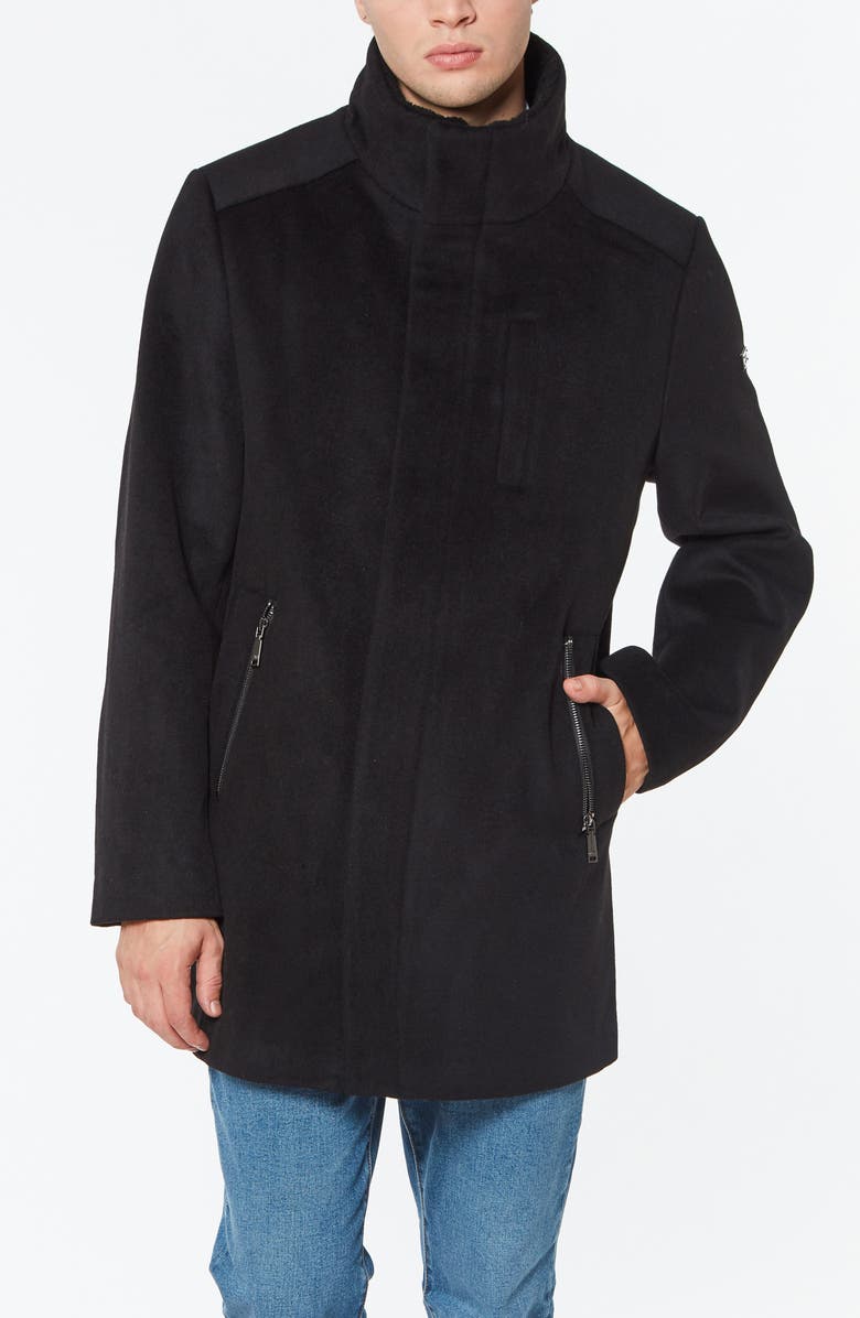 Vince Camuto Faux Shearling Trim Wool Blend Coat, Alternate, color, Black