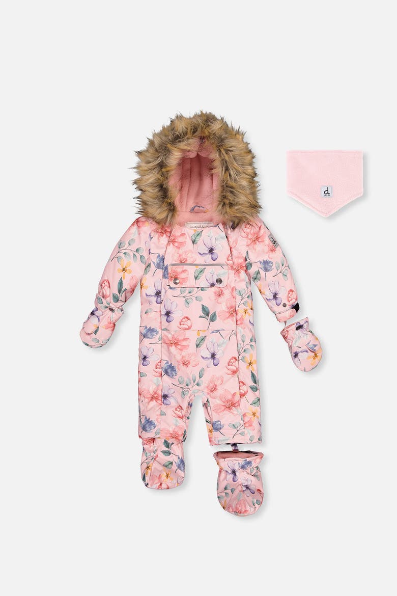 Floral Play Faux Fur Hood Car Seat One Piece Snowsuit, Main, color, Pink Floral Print