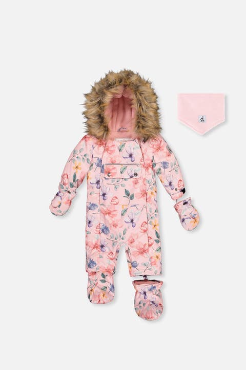 Floral Play Faux Fur Hood Car Seat One Piece Snowsuit