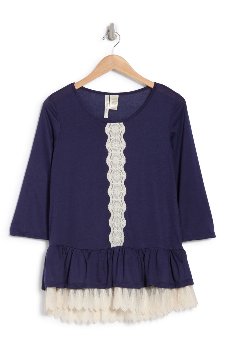 Forgotten Grace Lace Trim Long Sleeve Peplum Top, Alternate, color, Navy